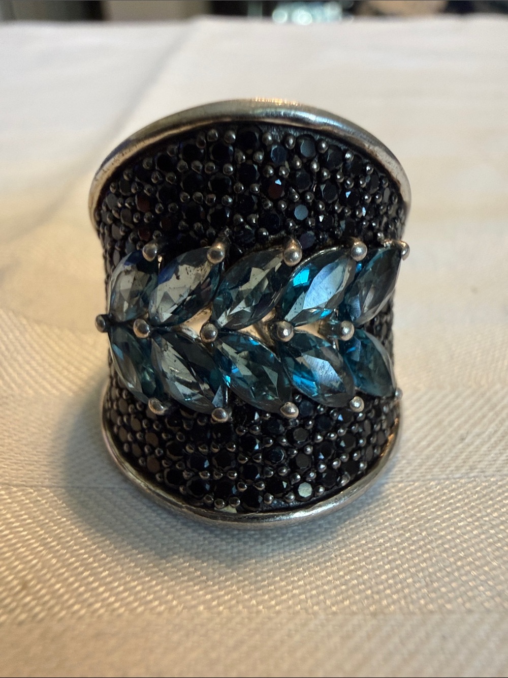 Blue Marquise & Black Pave Statement Ring size 7